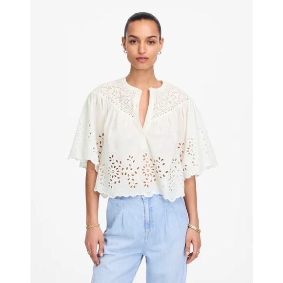 Madewell White Embroidered Shirred Henley Eyelet Top NWT Size S - Picture 1 of 9
